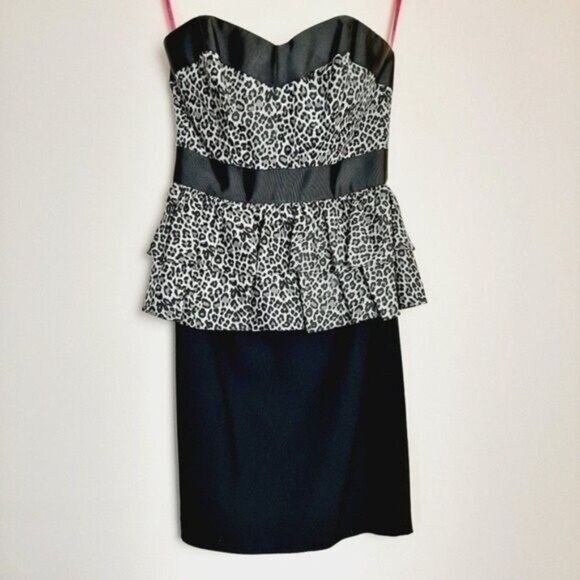 BETSEY JOHNSON / 100% Silk Strapless Cheetah Peplum Fitted Dress Sz 2 - Picture 3 of 16